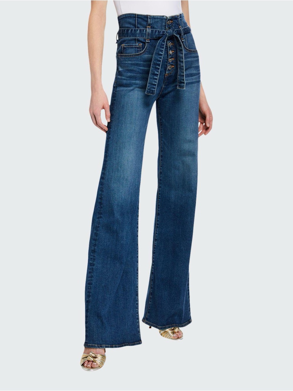 Veronica Beard Rosanna Corset Wide-Leg Belted Jeans, size 28